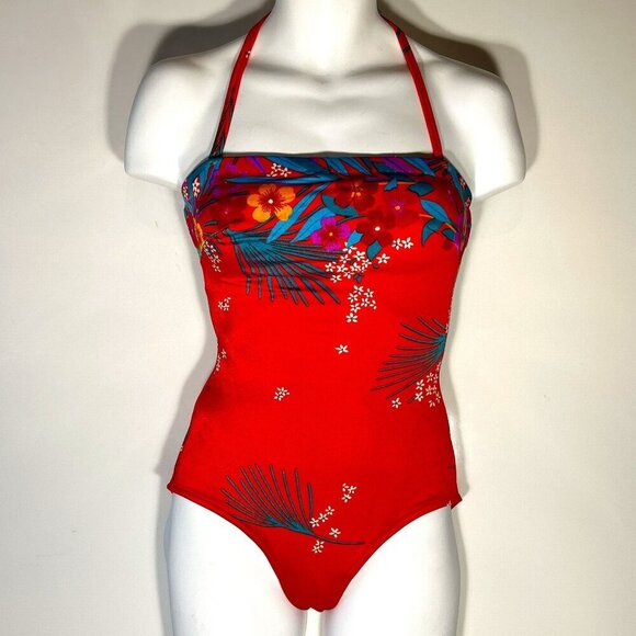 Sirena Vintage SZ 14 Red Tropical Print Tummy Control Swimsuit 80's Beach Swim - Picture 1 of 9
